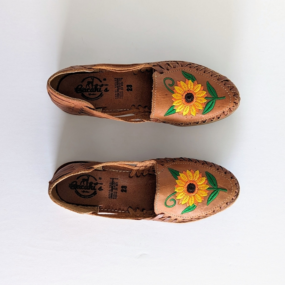 🇲🇽 Cacahi's Leather Huaraches With Sunflower Design Made In Mexico - Picture 6 of 12